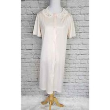 Vintage Blush Nylon Gown Peignoir Embroidered Nap Dress Collar Cottagecore Sz S
