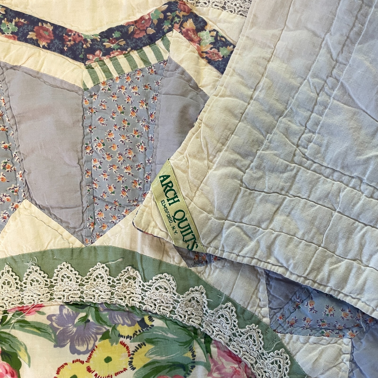Vtg Arch Quilts Emsford NY Hand Stitched Patchwork Lace Pastel Rare 76