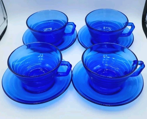 Hazel Atlas Cobalt Moderntone Depression Art Deco Cups And Saucers Set of 4 Vtg