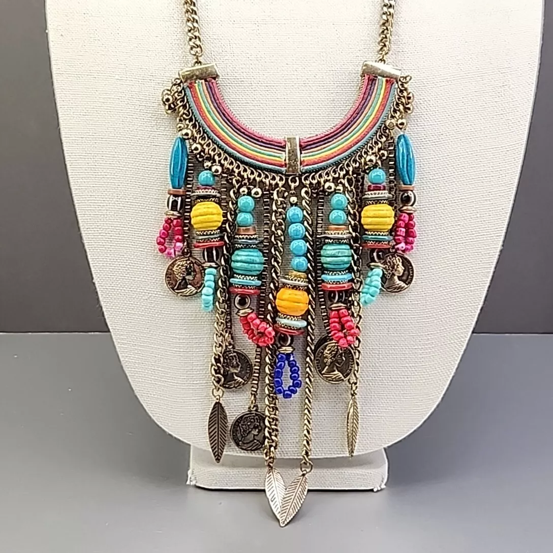 Aldo Statement Necklace Ethnic Beaded Dangles Gold Tone Curb Chain