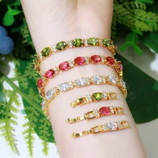 Yellow Gold Plated Red Round Fuchsia Red Cubic Zirconia Women Connected Bracelet