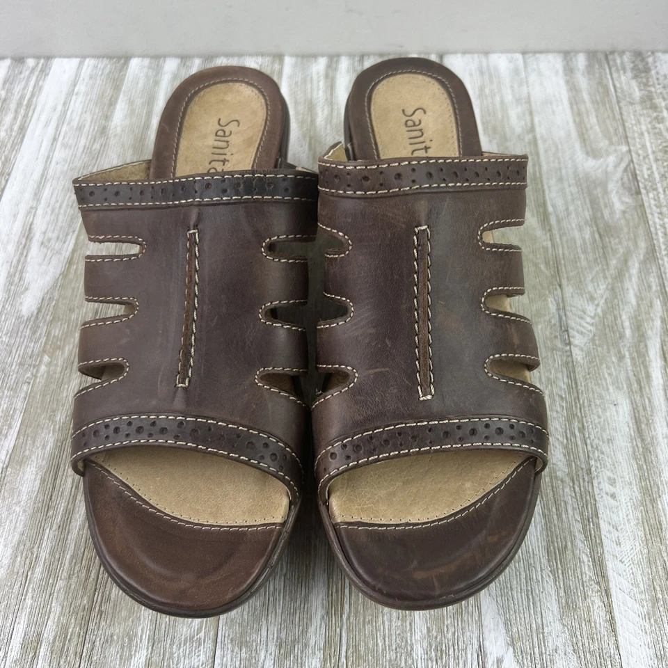 Sandalias Sanita Nina Zapato Cuero Marrón Talla US 8 Clásico Deslizable Cómodo Foto 3 de 4