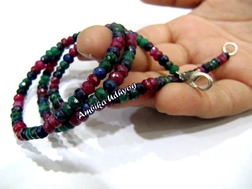 Natural Ruby Emerald Sapphire Precious Gemstone Necklace , 4mm, 16 Inches Long