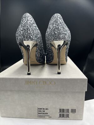 Jimmy Choo 'Romy' 85 Glitter Navy Silver Heels Stiletto Size Eu