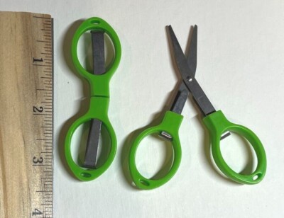 travel fold up scissors- green, new! set of 2; sewing, portable, retractable