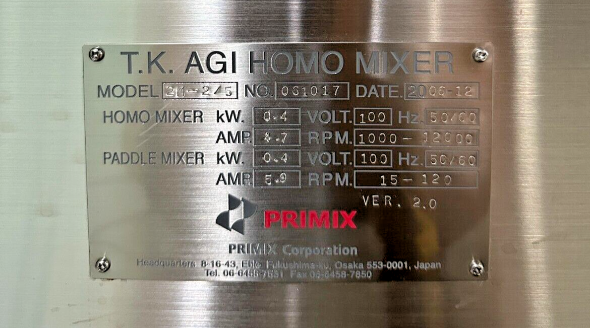 Primix 2M-2/5 T.K. Agi Homo Mixer Vacuum Emulsifier | eBay