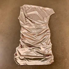 Shein Womens Dress Beige Ruched Mini Cap Sleeve Stretch Satin L New