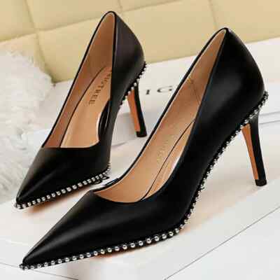 Women 7.5cm 10.5cm High Heels Rivets Pumps Pointed Toe Stilettos Party Shoes