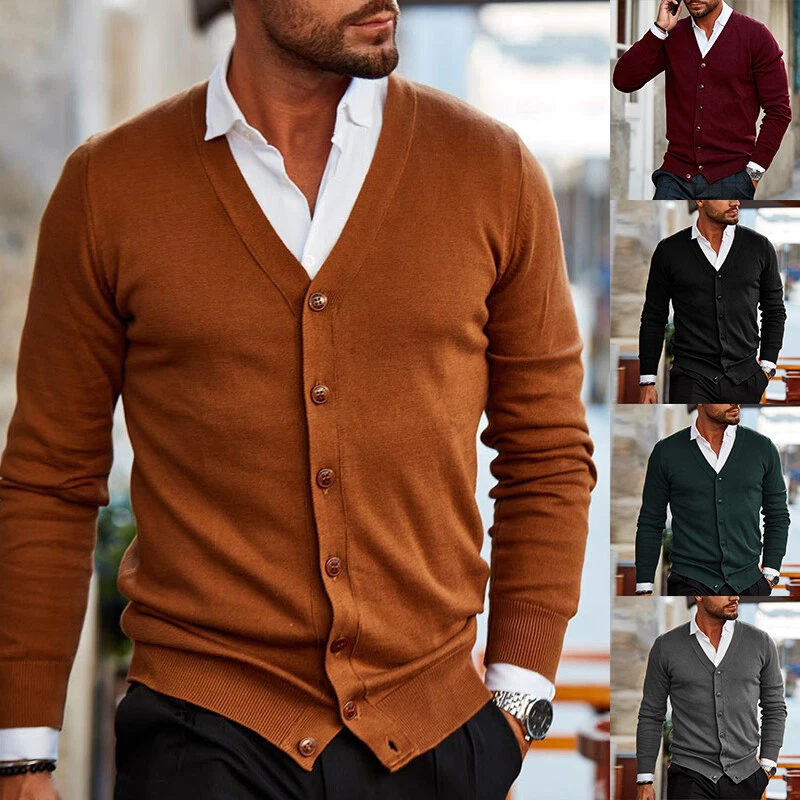 Mens Knitting V Neck Cardigan Coat Long Sleeve Buttons Slim Sweater Jacket  S-4XL | eBay