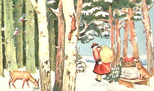 1907 Christmas Postcard Black Trim Suit Santa Pulls Sled in Woods Fox Rides