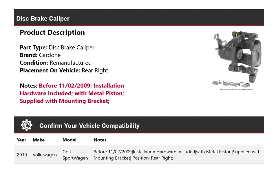 For 2010 Volkswagen Golf SportWagen Disc Brake Caliper Rear Right Cardone - Image 2 of 4