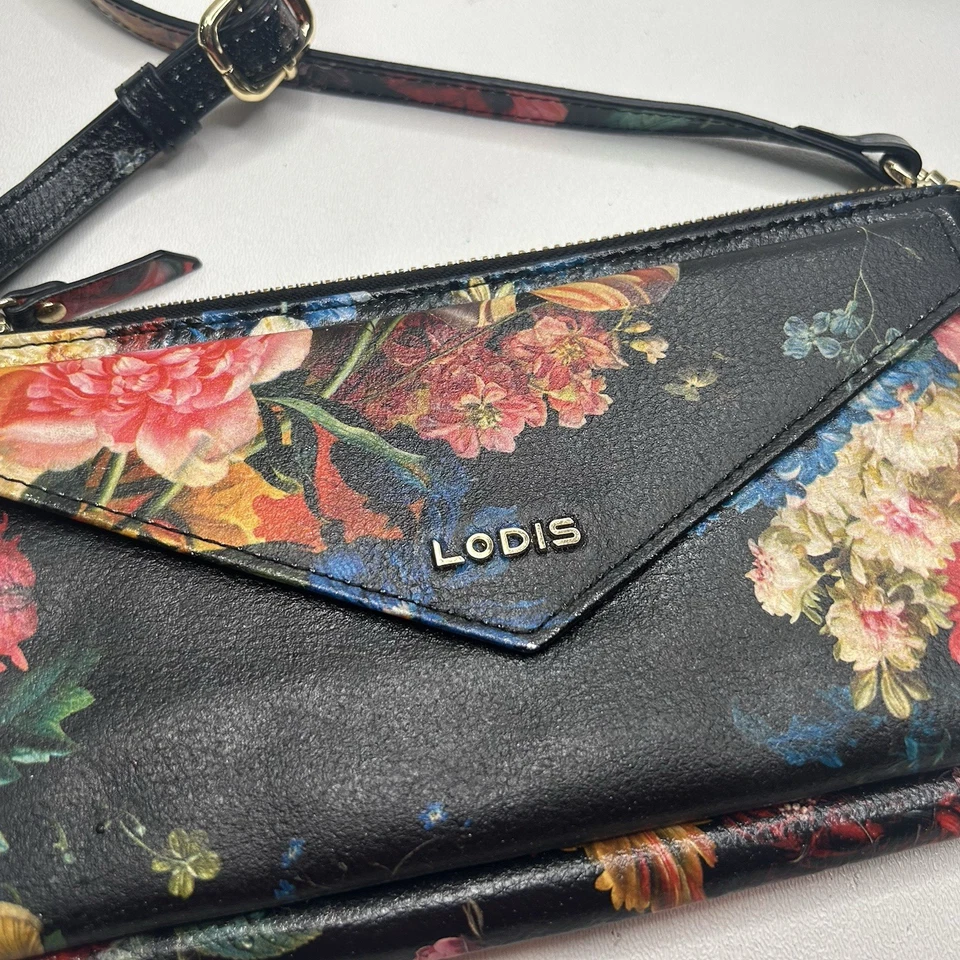 Bolsa carteira tiracolo LODIS couro preta com flores coloridas floral pulseira - Imagem 3 de 4