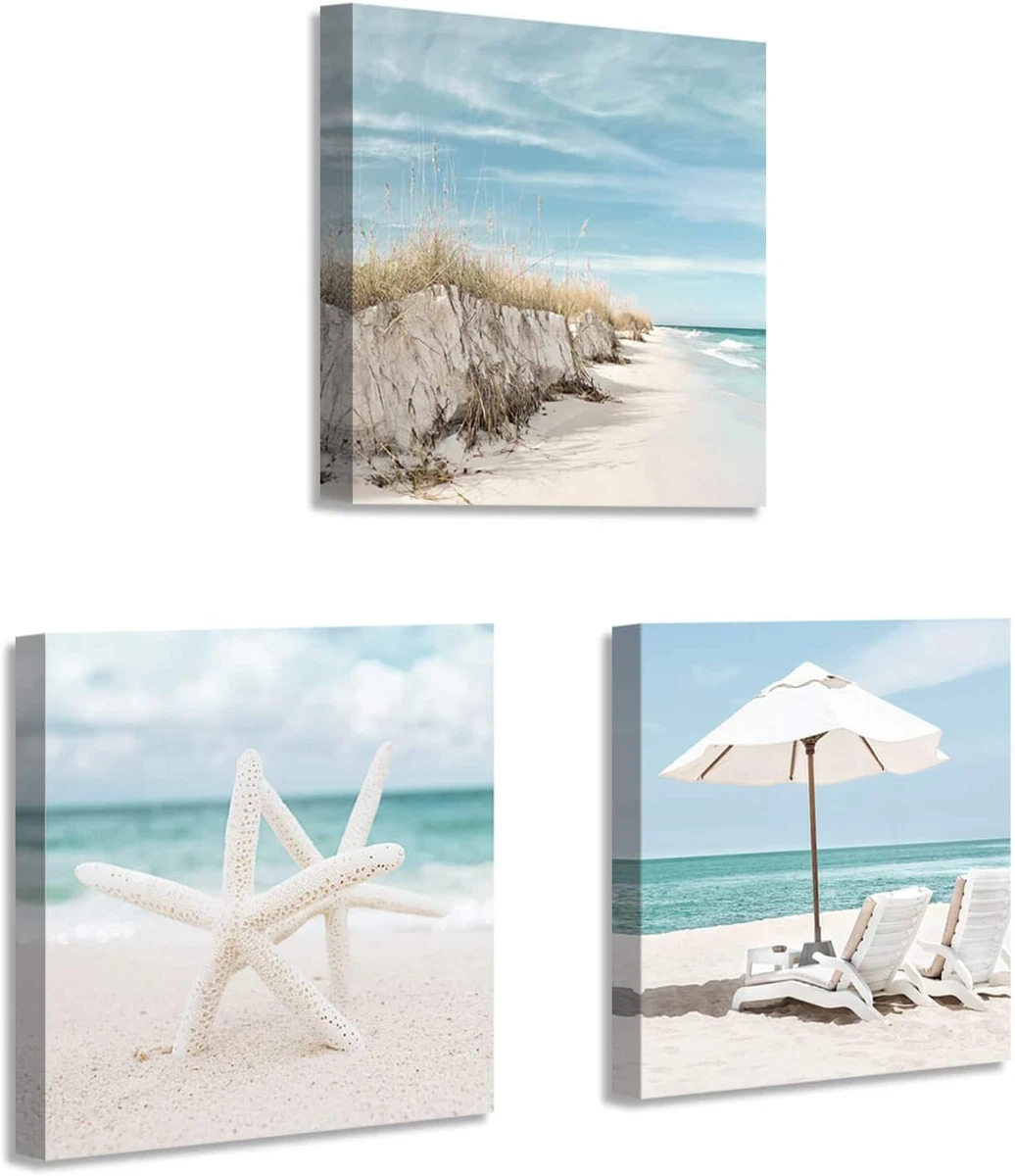 Coastal Canvas Wall Art Print Starfish Beach Chairs on Sand