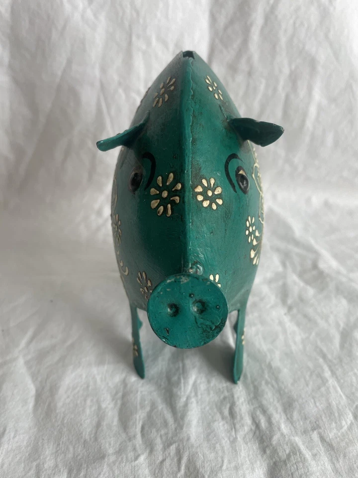 ALCANCÍA DE METAL ESTAÑO ARTE PINTADO A MANO Pintura Verde Elevada Hermosa Única en Su Clase Foto 2 de 4