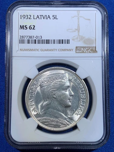 LATVIA 5 Lati 1932 NGC MS62 Silver Crown