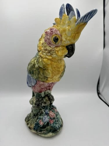 RARE antique Stangl pottery majolica cockatoo #3584 figurine with floral base.