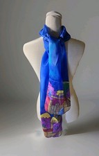 Blue Sheer Scarf Abstract Village Print Lightweight Oblong READ