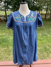 Blue Denim Go Softly Embroidered Humming Bird Cottagecore Zip-Front Dress L