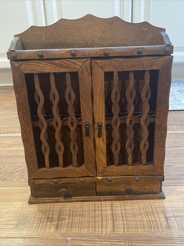 1970s Wooden Spice Apothecary Rack Cabinet 2 Doors 2 Drawers Wall Decor 