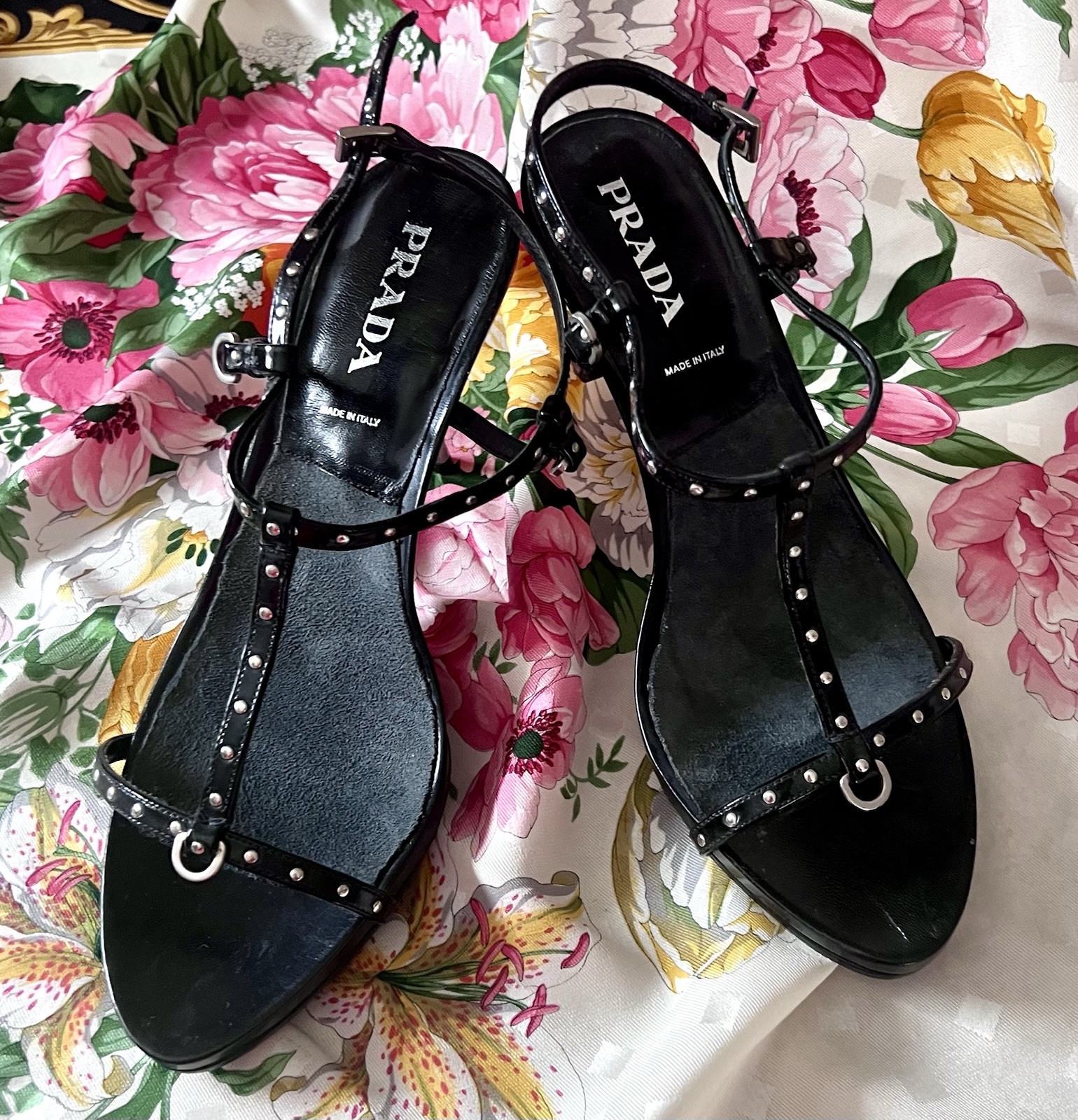 PRADA  BLK STRAPPY SHOES  WITH  SILVER STUDS & SILVER HEELS • NEVER WORN  39-1/2 thumbnail 9