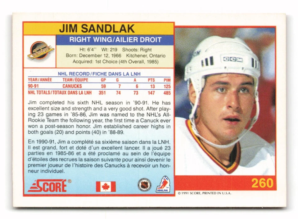 1991-92 Score Canadian Bilingual #260 Jim Sandlak Vancouver Canucks - Image 2 of 2