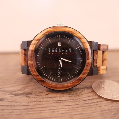 BOBO BIRD Week & Date Multi-Functional Display Men's Zebra Wooden Quartz Watch