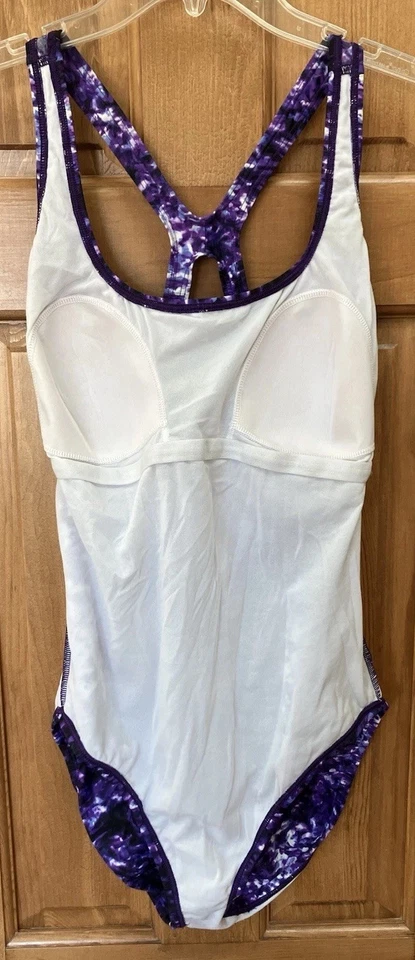 Speedo Mujer Talla 14 Ultraback Púrpura Blanco Negro Azul Estampado Completamente Forrado Foto 3 de 4