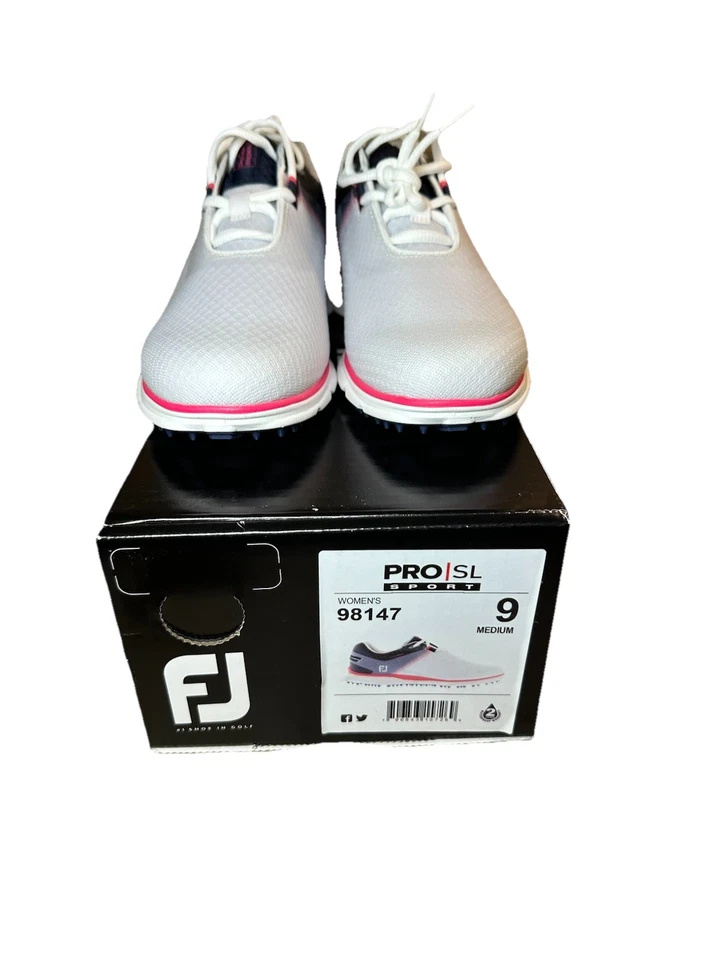 Zapatos de golf deportivos FootJoy Pro SL para mujer blancos/azul marino/rosa - talla 9 Foto 2 de 4