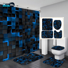 4Pcs Blue Shower Curtain Set 3D Cubes Bathroom Sets Modern Shower