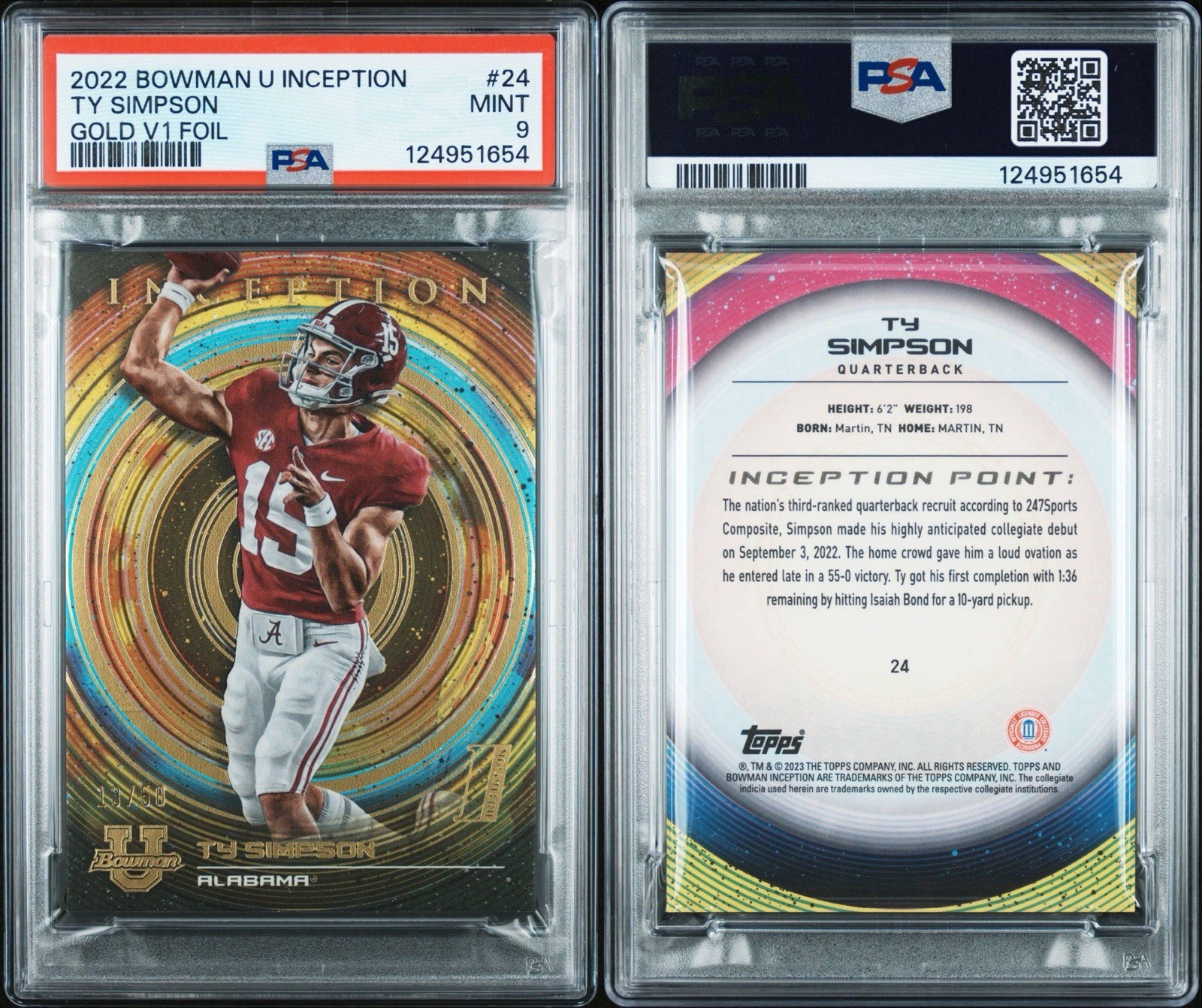 TY SIMPSON PSA 9 2022 Bowman U Inception Gold V1 Foil /50 Alabama QB