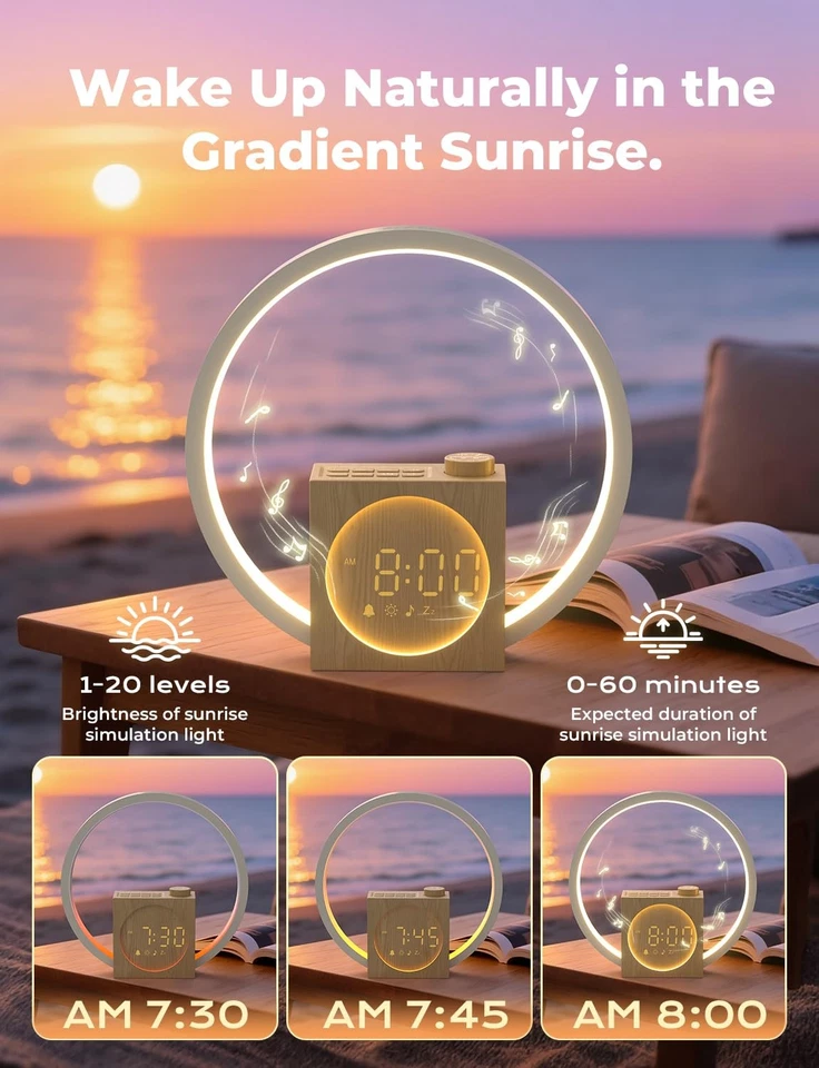Reloj despertador Sunrise, luz de despertador con ruido blanco para durmientes pesados, ajuste... Foto 3 de 4