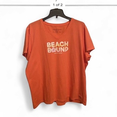 Life is Good Beach Graphic Orange V-Neck Short Sleeve T-Shirt Women's Size XXL