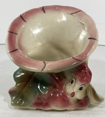 VTG Ceramic Bunny Pink Pixie Fairy Flower MCM Planter Green Brown Cottagecore