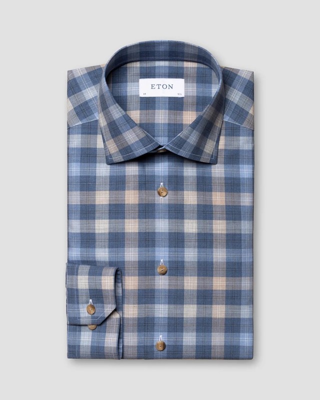 Eton Mens Blue Plaid Melange Fine Twill Dress Shirt Slim Fit Size 15.5 - 39