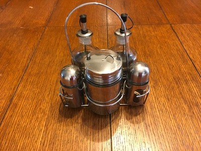 Parini 6-Piece Stainless Steel Condiment Set Elegant Tabletop Caddy Glass Lining