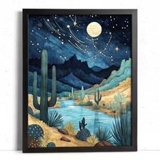 Teal and Gold Night Time Landscape View of the Desert Cactus Poster 1 Art Print