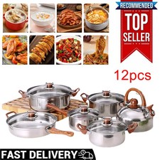 12Pcs Induction Ready Non Stick Cookware Set Stainless Steel Pots Pans with Lids