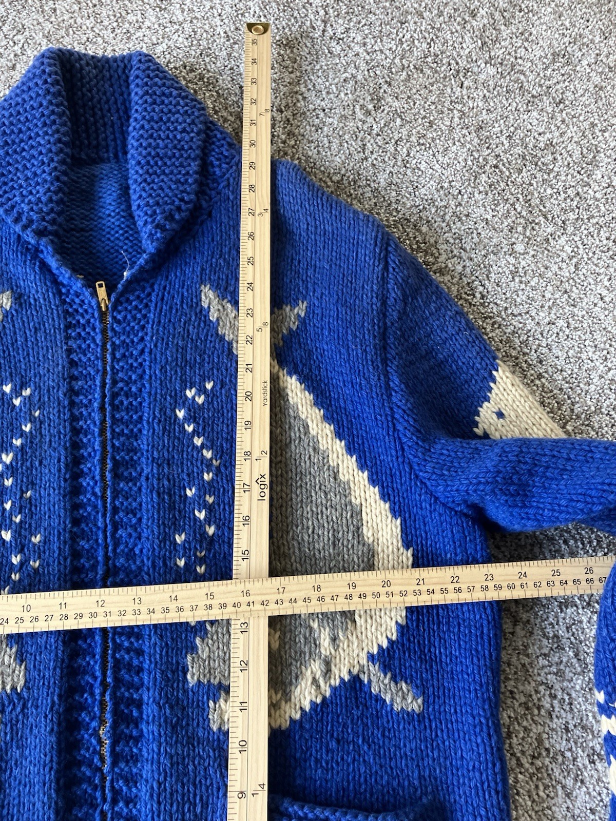 Vintage 1950s/60s Cowichan Zip Front Fish Sweater Blue- Size Large Mary Maxim