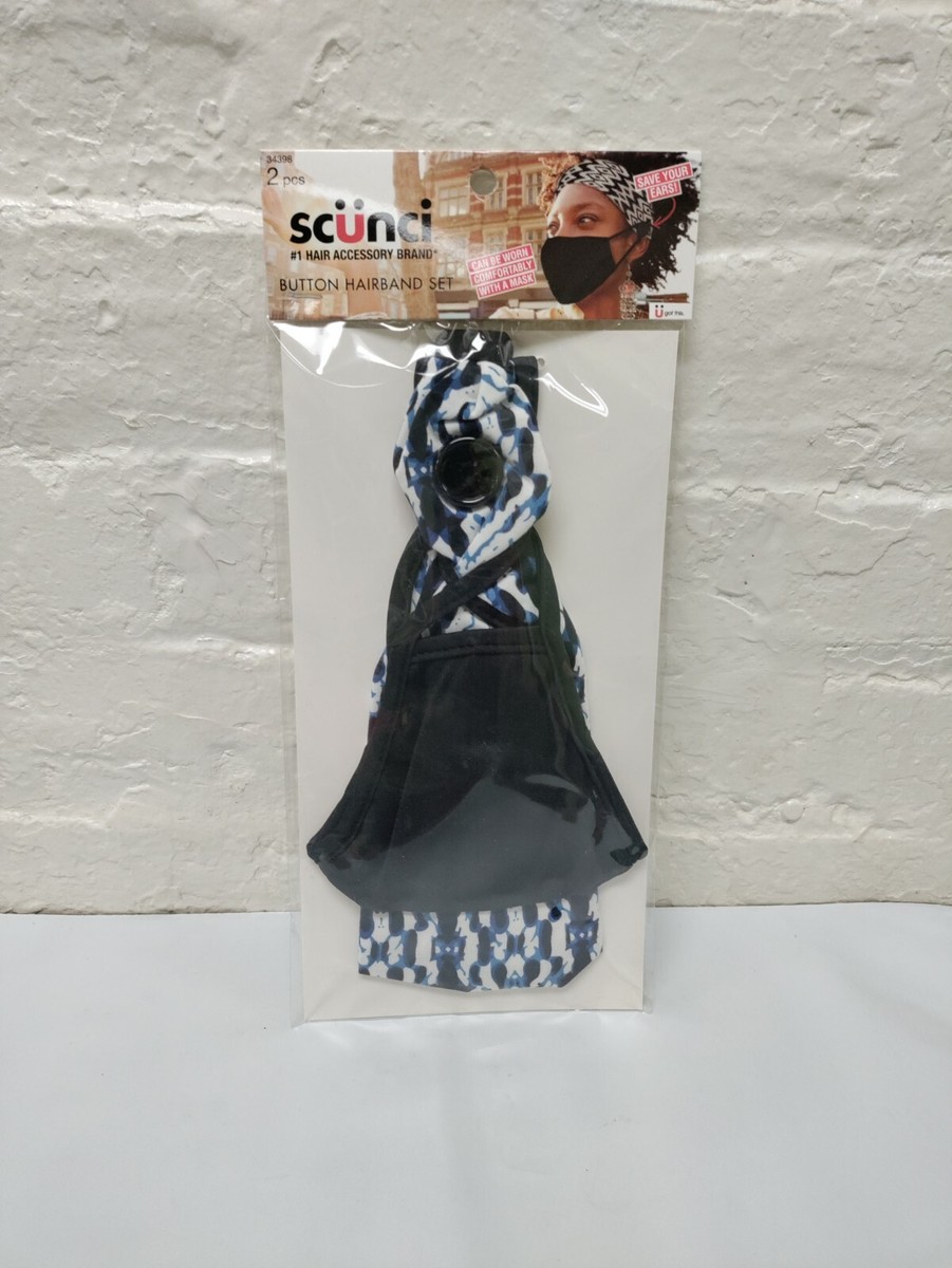 Scunci Button Hairband And Face Mask Set- Geometric Blue And White