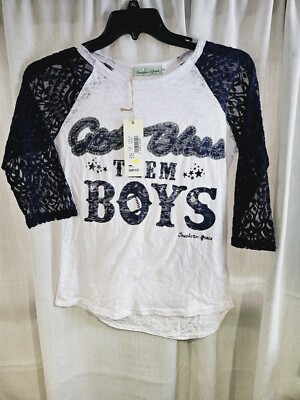 Southern Grace Womens Graphic God Bless Our Boys Raglan Lace Trim Top Size S