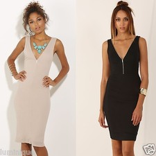 Adjustable Zip Plunge BodyCOn Midi Dress S 8 10 Sexy Stretch Lined Knit