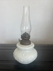ANTIQUE MILK GLASS EMBOSSED PATTERN OIL LAMP With Chimney