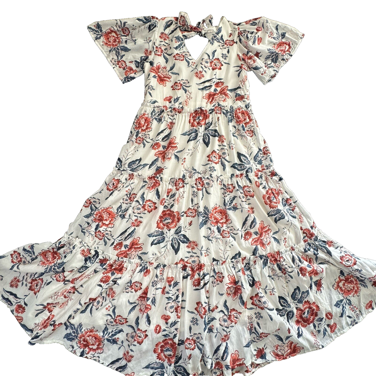 Lucky Brand Womens Maxi Dress Sz XS White Floral Tiered Preppy Cottage  Oversized