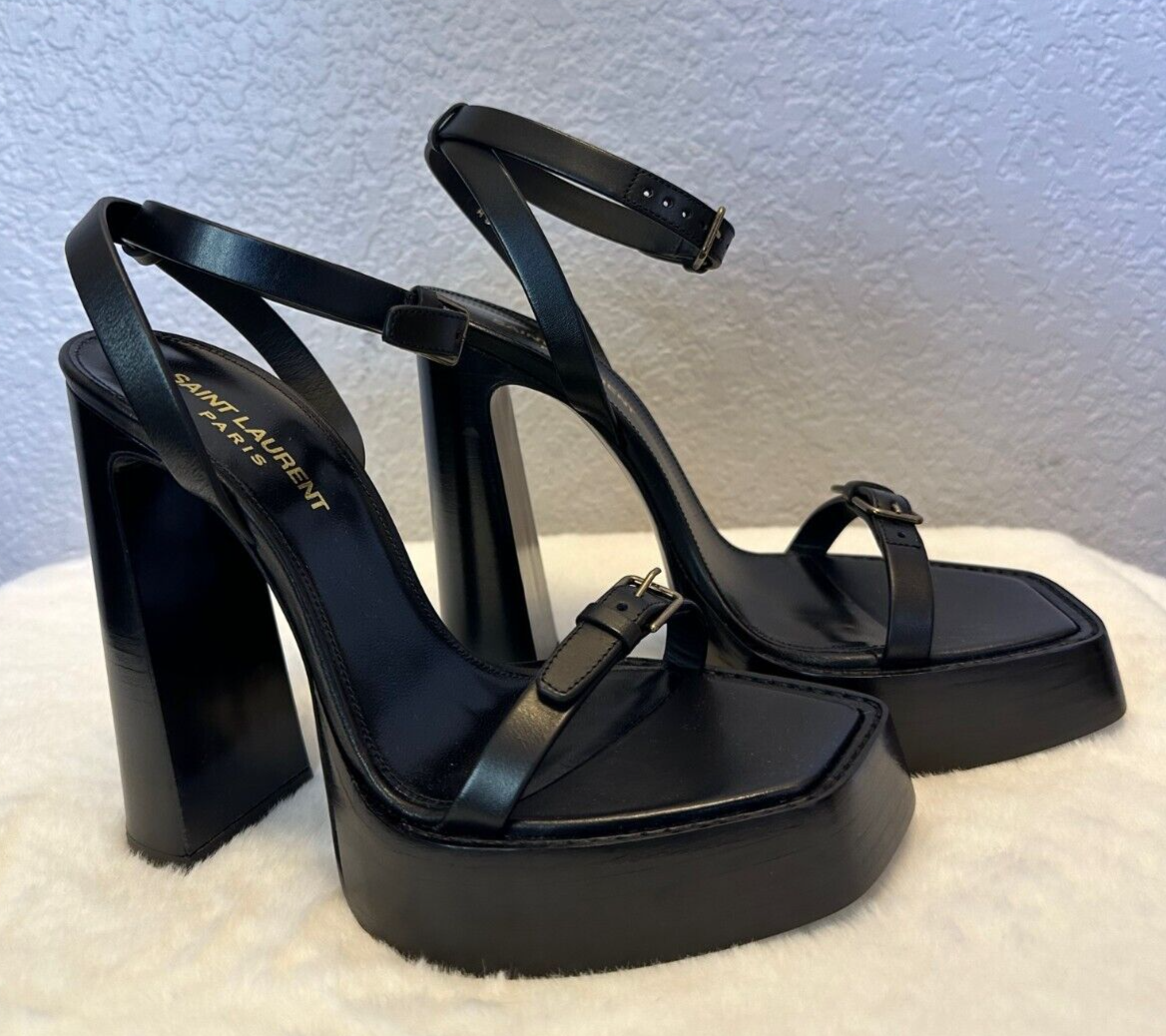 YSL Saint Laurent Platz 105 Sandalo donna plateau in pelle nero scarpe IT 37 5