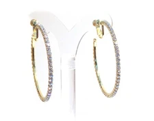 CLIP-ON EARRINGS 2.25 INCH HOOP CRYSTAL EARRINGS RHINESTONE SILVER OR GOLD TONE