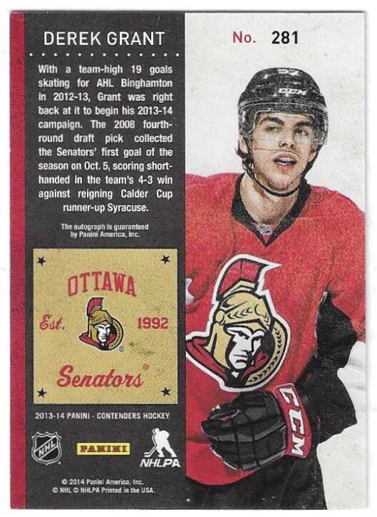 2013-14 PANINI-CONTENDERS DEREK GRANT AUTO RC-GOLD #281 OTTAWA SENATORS 073/100 - Image 2 of 2