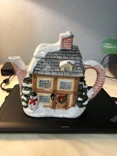 Porcelain Teapot House with Snowman and Christmas Trees Christmas Decor