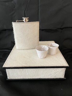 Arhaus Colette Stainless Steal and Natural Hair on Hide Flask Set (Retail: $199)