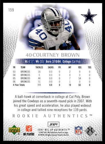 2007 SP Authentic Courtney Brown Rookie 0826/1399 Dallas Cowboys #159 R93 - Picture 2 of 2