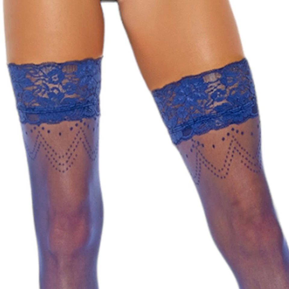 Medias de encaje hasta los muslos apliques florales costura trasera azul medianoche 12122 Foto 4 de 4